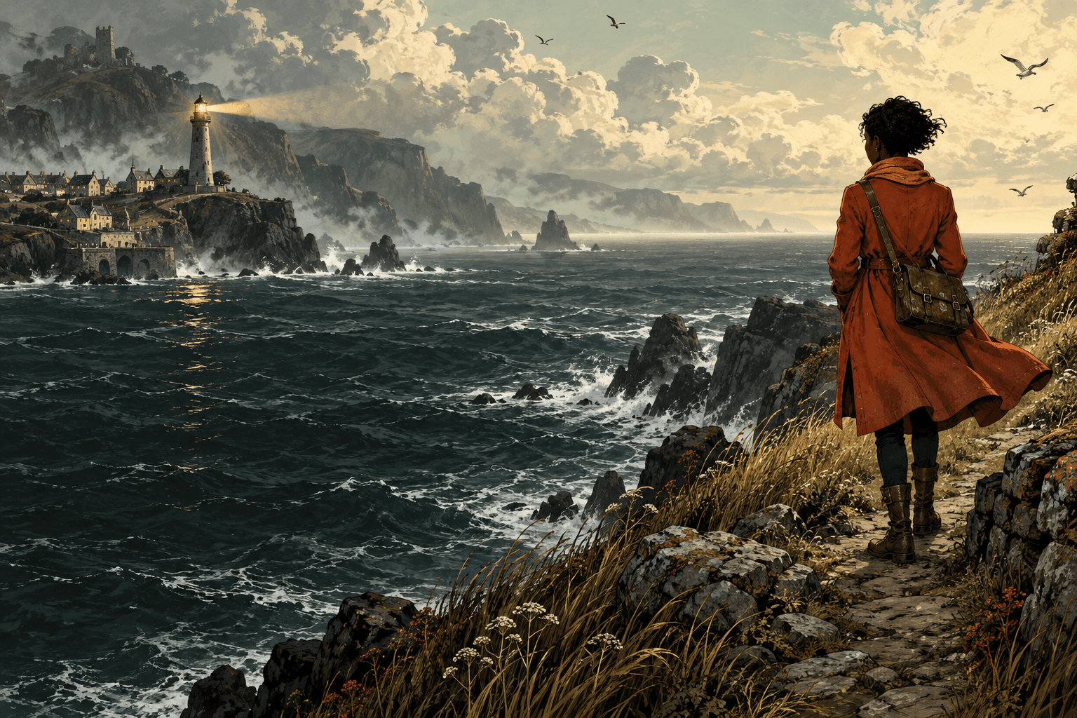 A courier in an orange coat looks across a wild sea toward a distant lighthouse.